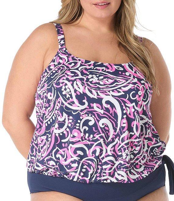 Beach House Plus Size Sarah Texture Pique Square Neck Blouson Tankini Swim Top Product Image