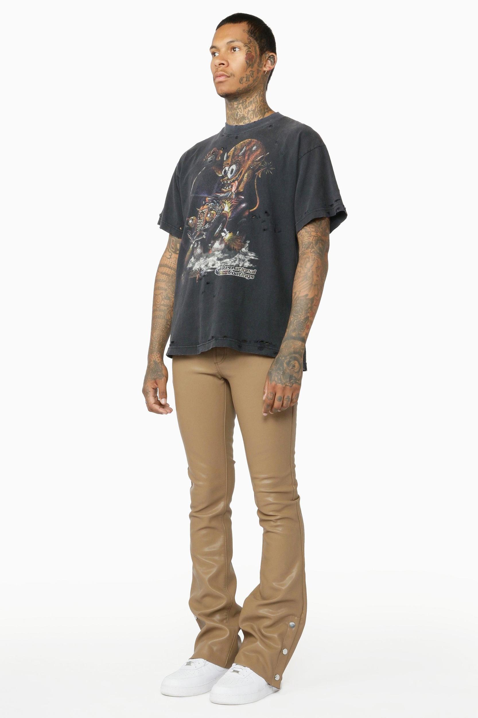 Ennis Beige PU Stacked Flare Jean Male Product Image