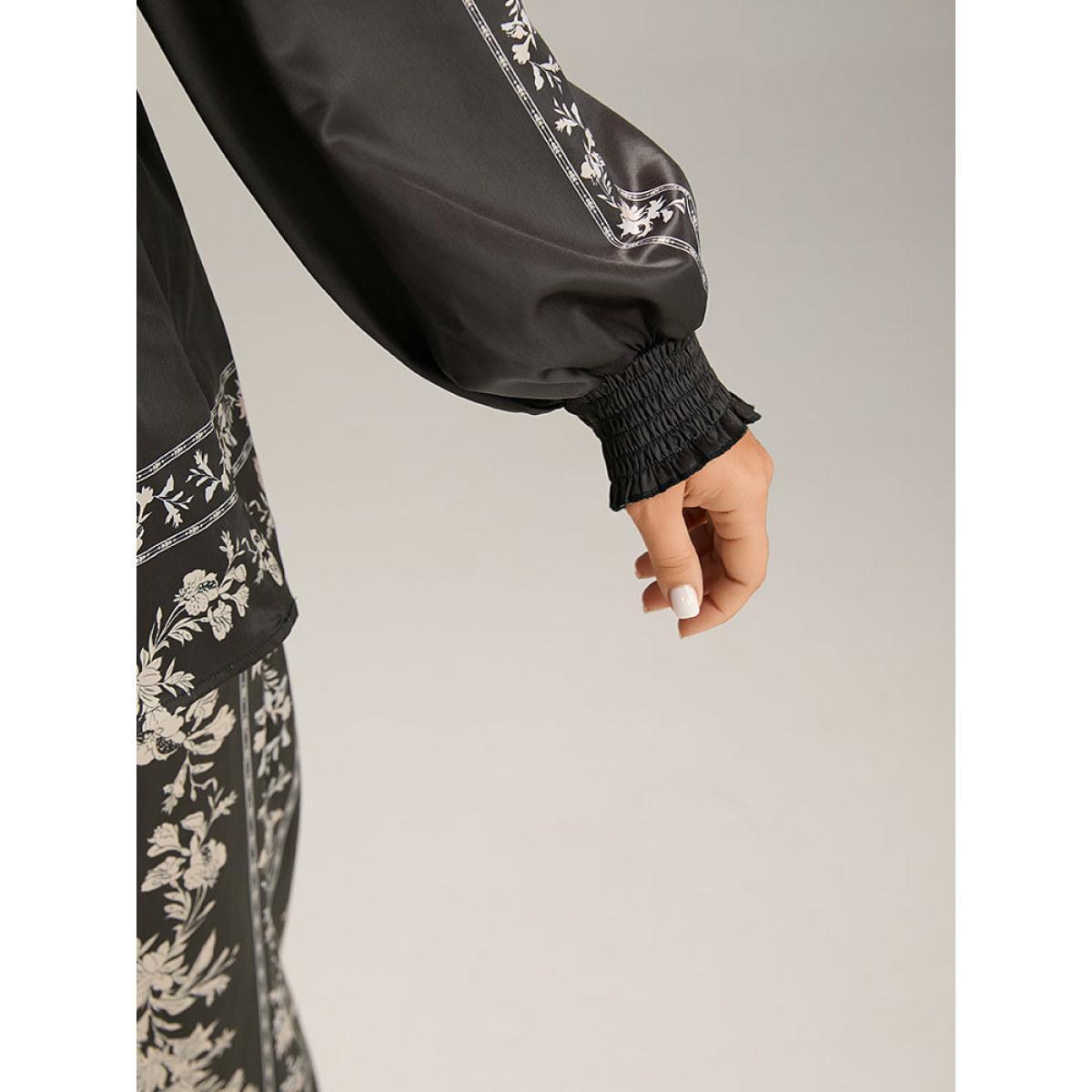 Plus Size BlackFlower Boho Print Shirred Lantern Sleeve Blouse Women Resort Long Sleeve V-neck Vacation Blouses BloomChic 10/M Product Image