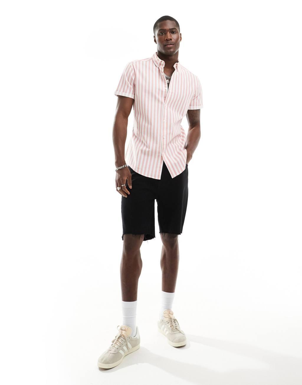 ASOS DESIGN stretch slim oxford stripe shirt in pink Product Image
