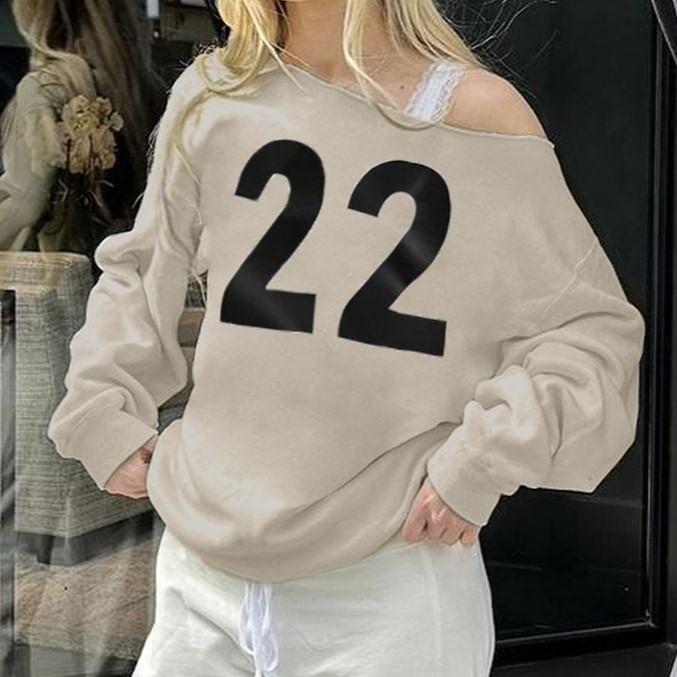 One Shoulder Numbering Print Sweatshirt Product Image