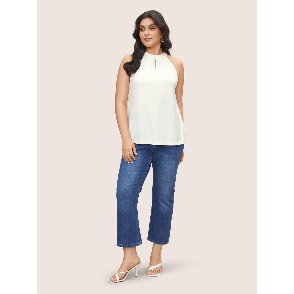 Plus Size Solid Stand Up Collar Gathered Tank Top Women White Elegant Button Stand-up collar Everyday Tank Tops Camis BloomChic 12/L Product Image