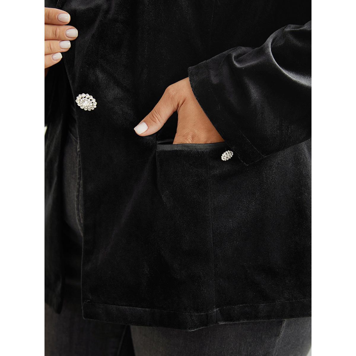 Plus Size Velvet Buckle Detail Pocket Suit Collar Blazer Black Women Dailywear Plain Plain Sleeve Long Sleeve Suit Collar 12/L Pocket Elegant Blazers BloomChic Product Image