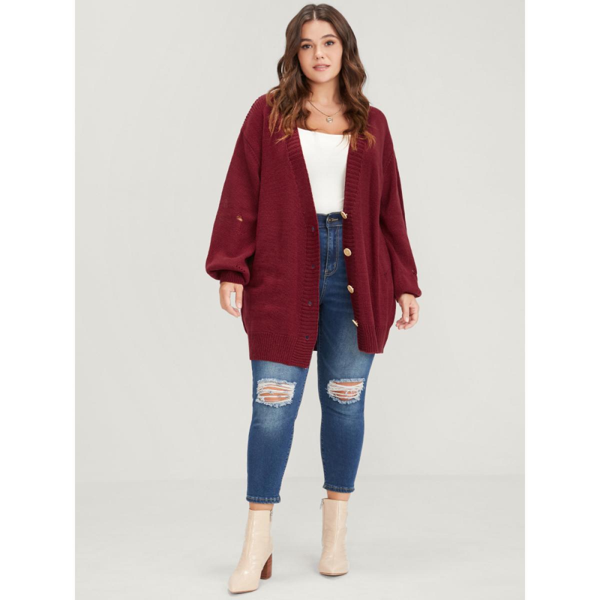 Plus Size Solid Pointelle Knit Distressed Button Front Mid Long Cardigan Scarlet Women Elegant Loose Long Sleeve Dailywear Cardigans BloomChic 28/5X Product Image