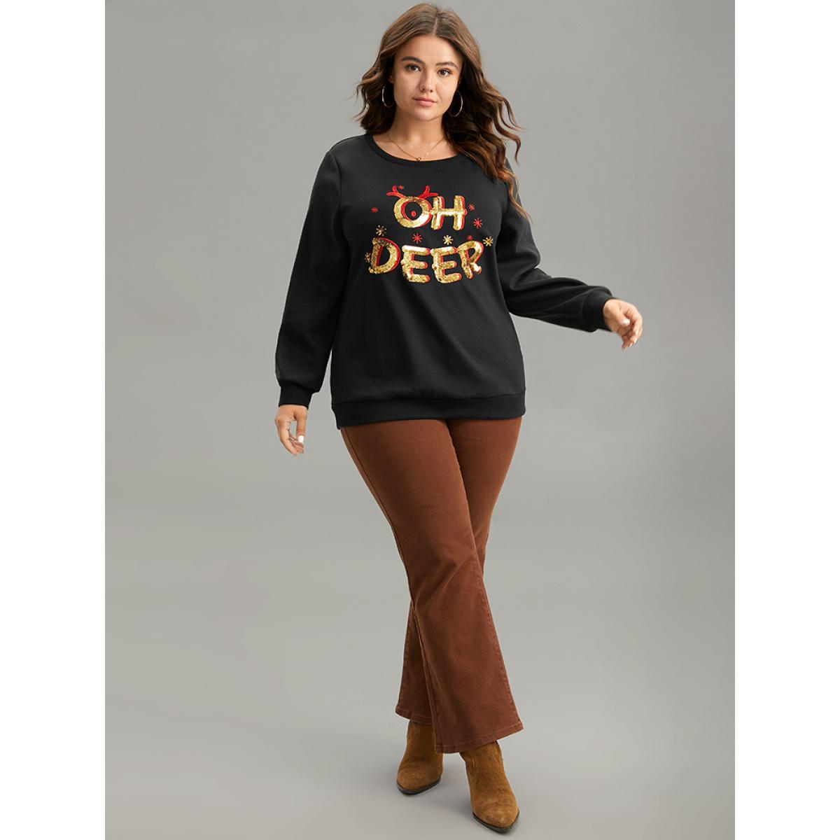 Plus Size Christmas Letter Print Sequin Embroidered Sweatshirt Women Black Casual Sequin Festival-Christmas Sweatshirts BloomChic 18-20/2X Product Image