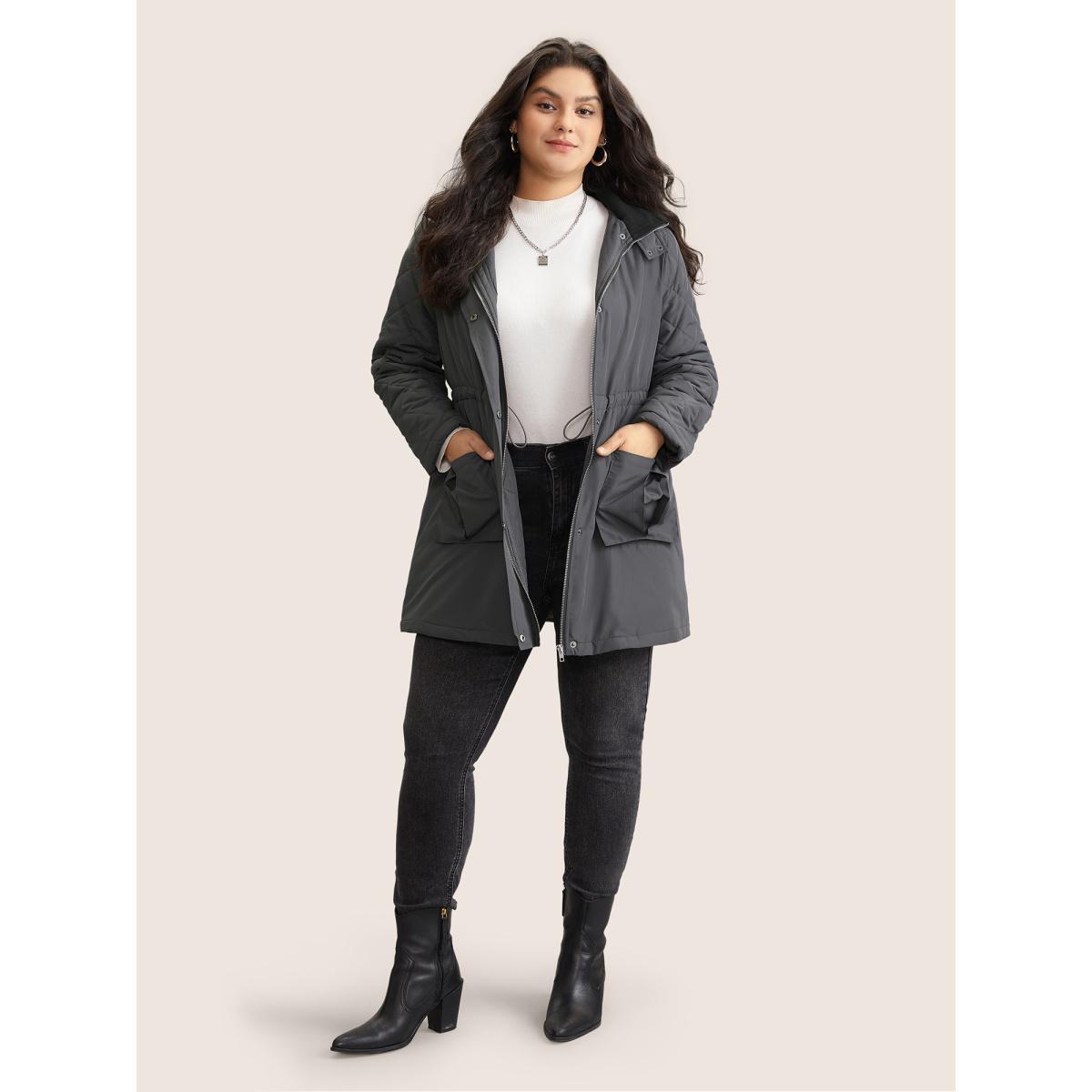 Plus Size Solid Flap Detail Elastic Waist Quilted Coat Women DimGray Casual Lined Ladies Dailywear Winter Coats BloomChic 22-24/3X Product Image