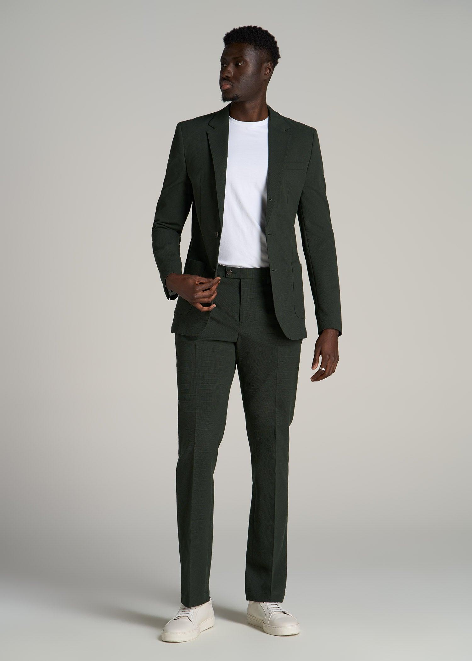 Textured Garment Washed Stretch Cotton Tall Blazer in Dark Olive Green Product Image