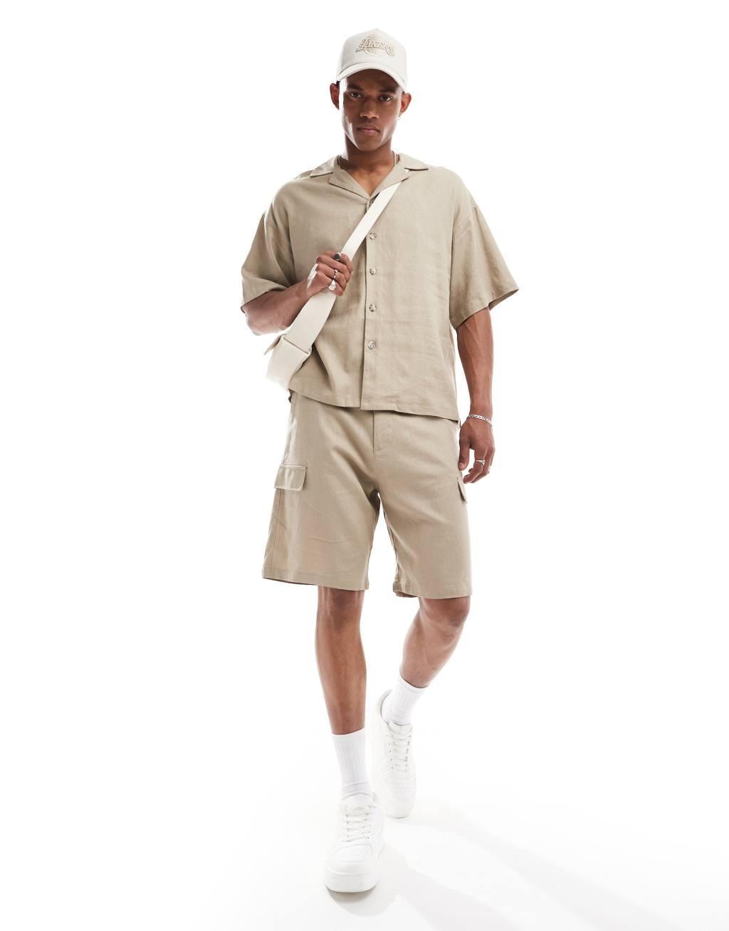 ADPT oversized linen mix revere collar shirt in beige  Product Image