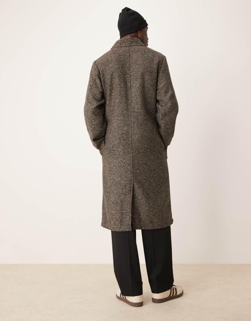 ASOS DESIGN wool look herringbone car coat in brown Product Image