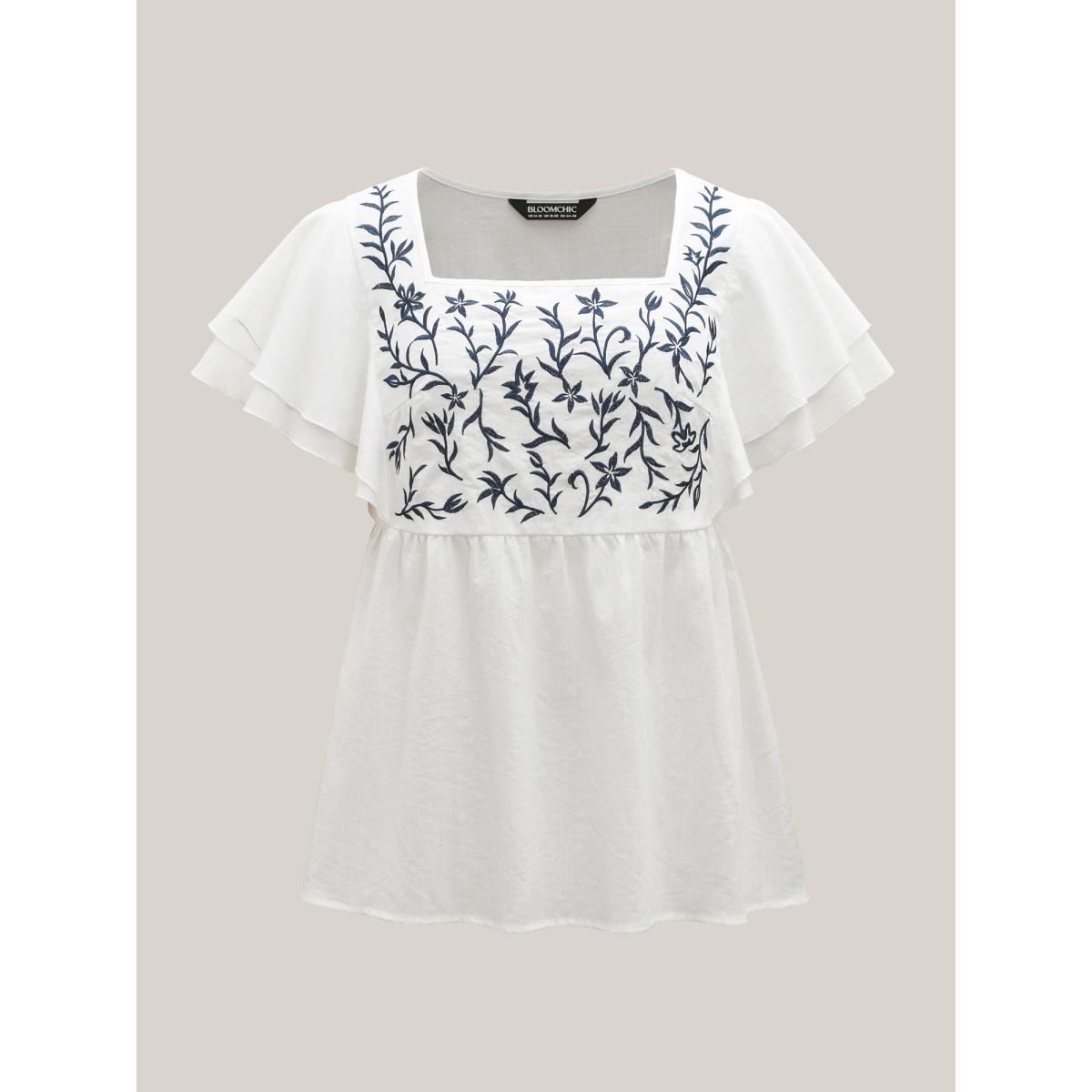 Plus Size Originalwhite Embroidered Layered Flutter Sleeve Blouse Women Resort Cap Sleeve Square Neck Vacation Blouses BloomChic 26/4X Product Image