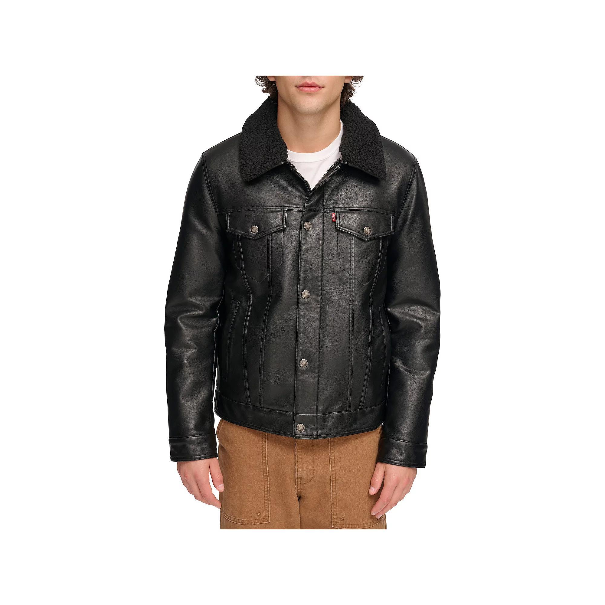 Men's Levi's® Faux Leather Sherpa Collar Trucker Jacket, Size: Large, Black Product Image