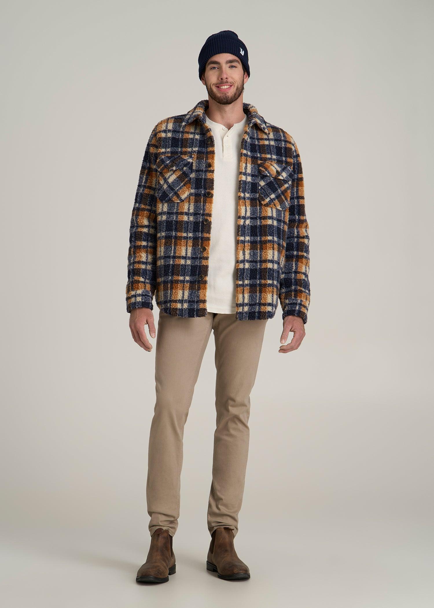 Tall Men's Sherpa Shirt Jacket in Dark Blue and Orange Plaid Product Image