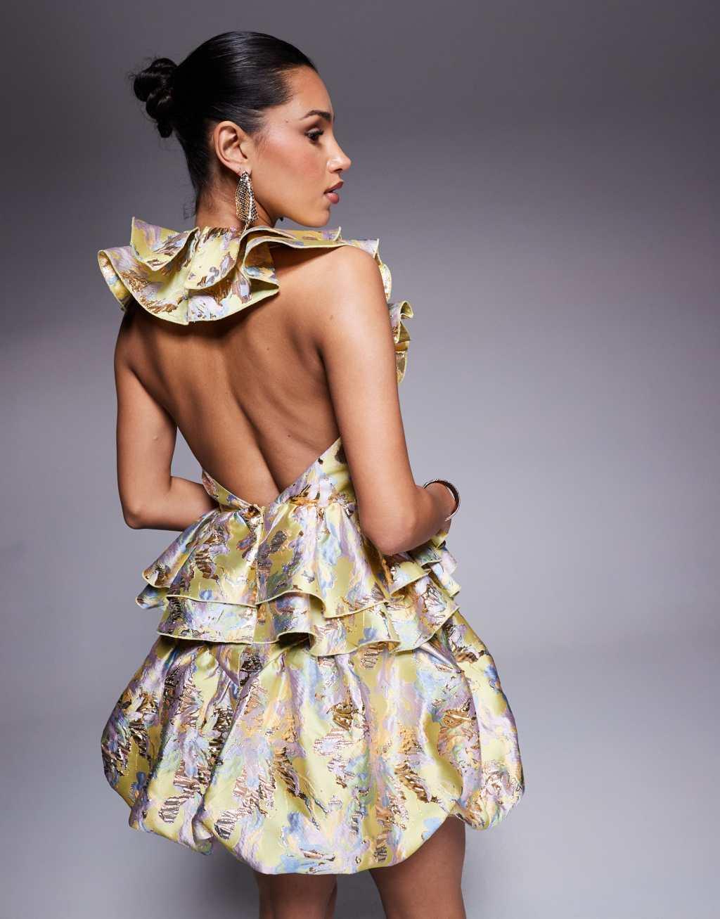 ASOS LUXE jacquard ruffle plunge top in gold and pastel floral  Product Image