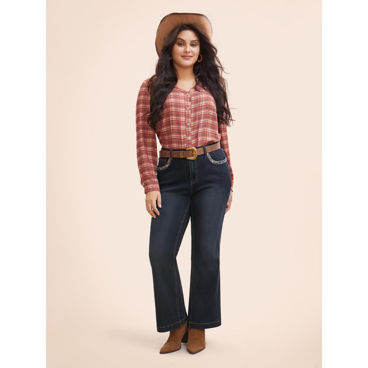 Plus Size Stretch Denim Front Embroided Pockets Flare Jeans Women Darkindigo Casual Embroidered Medium stretch Slanted pocket Jeans BloomChic 16/1X Product Image