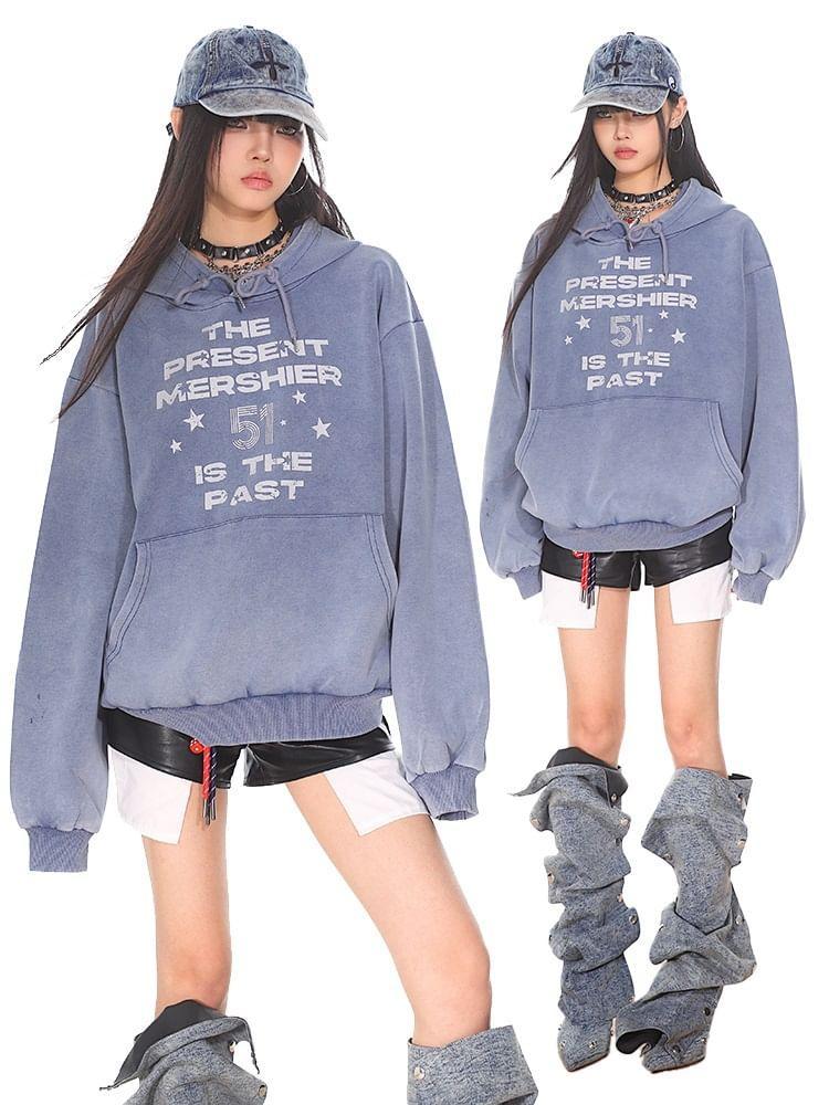 Lettering Washed Loose-Fit Hoodie Product Image