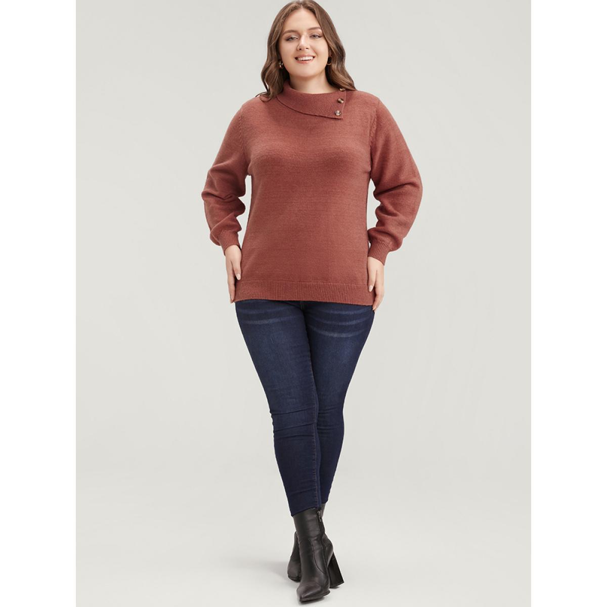 Plus Size Solid Super Soft Plush Knit Button Detail Asymmetrical Knit Top Rust Women Casual Loose Long Sleeve Dailywear Pullovers BloomChic 30/6X Product Image