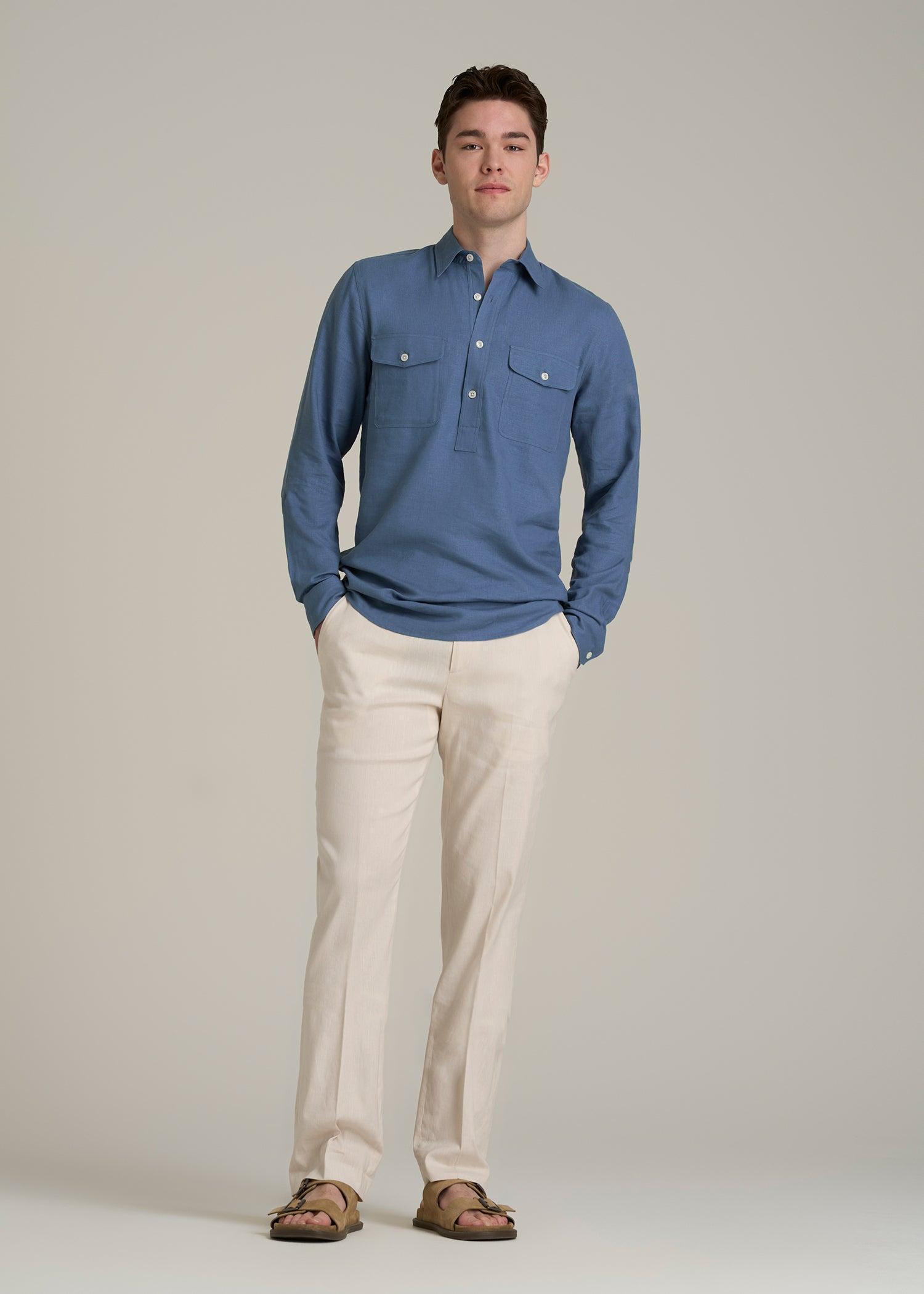 Linen Popover Shirt for Tall Men in Deep Cobalt Male Product Image