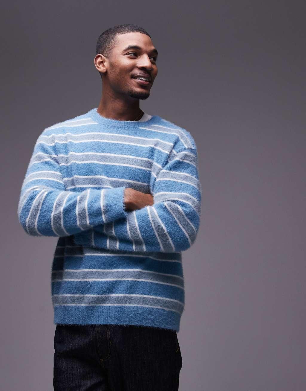 Topman relaxed fit brushed sweater in blue and white stripe Product Image