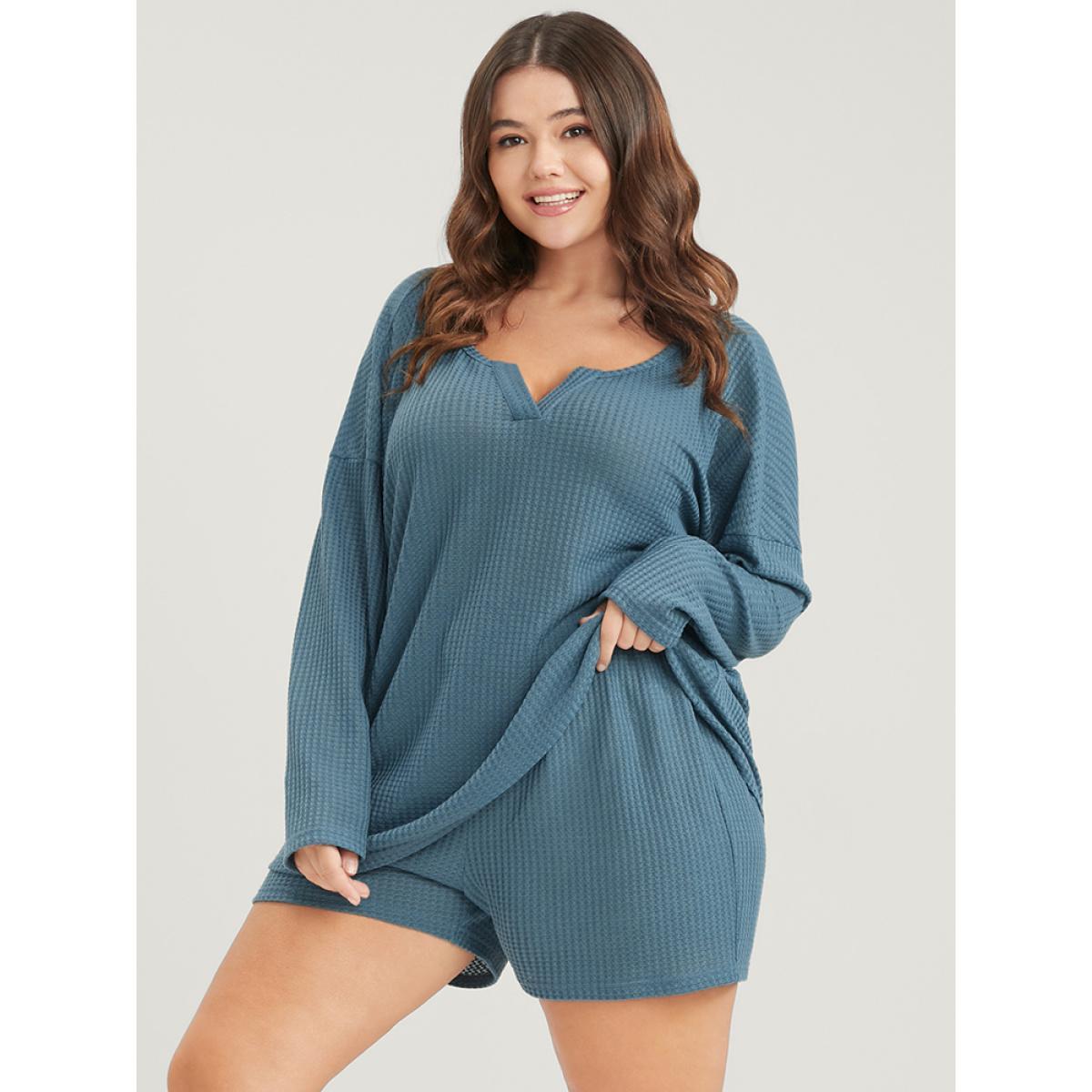Plus Size Solid Notched Waffle Knit Pajama Set Women Cerulean Plain Plain Long Sleeve Notched collar Casual Loungewear Sets BloomChic 28/5X Product Image