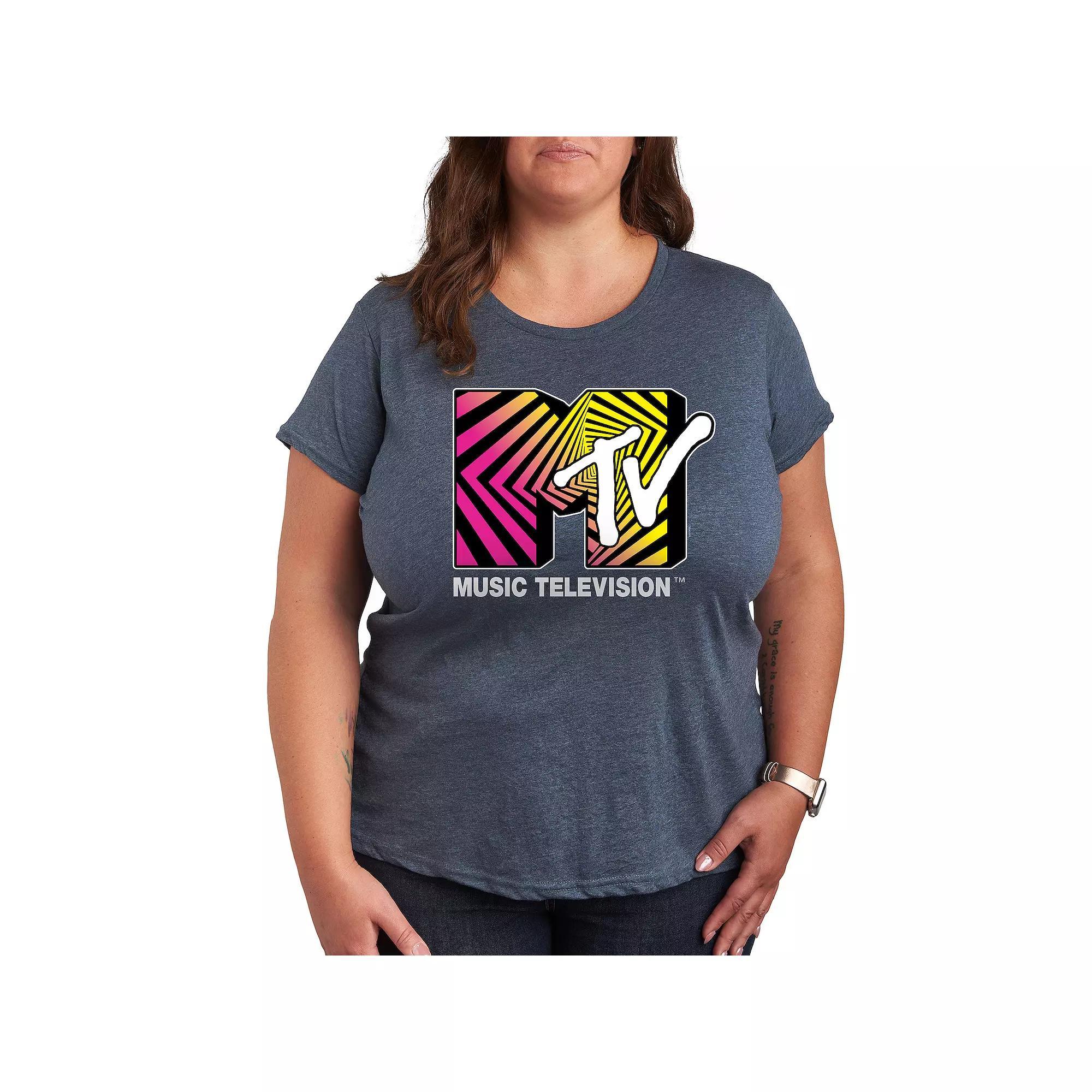 Plus MTV Optical 80s Graphic Tee, Womens Grey Royal Blue Product Image