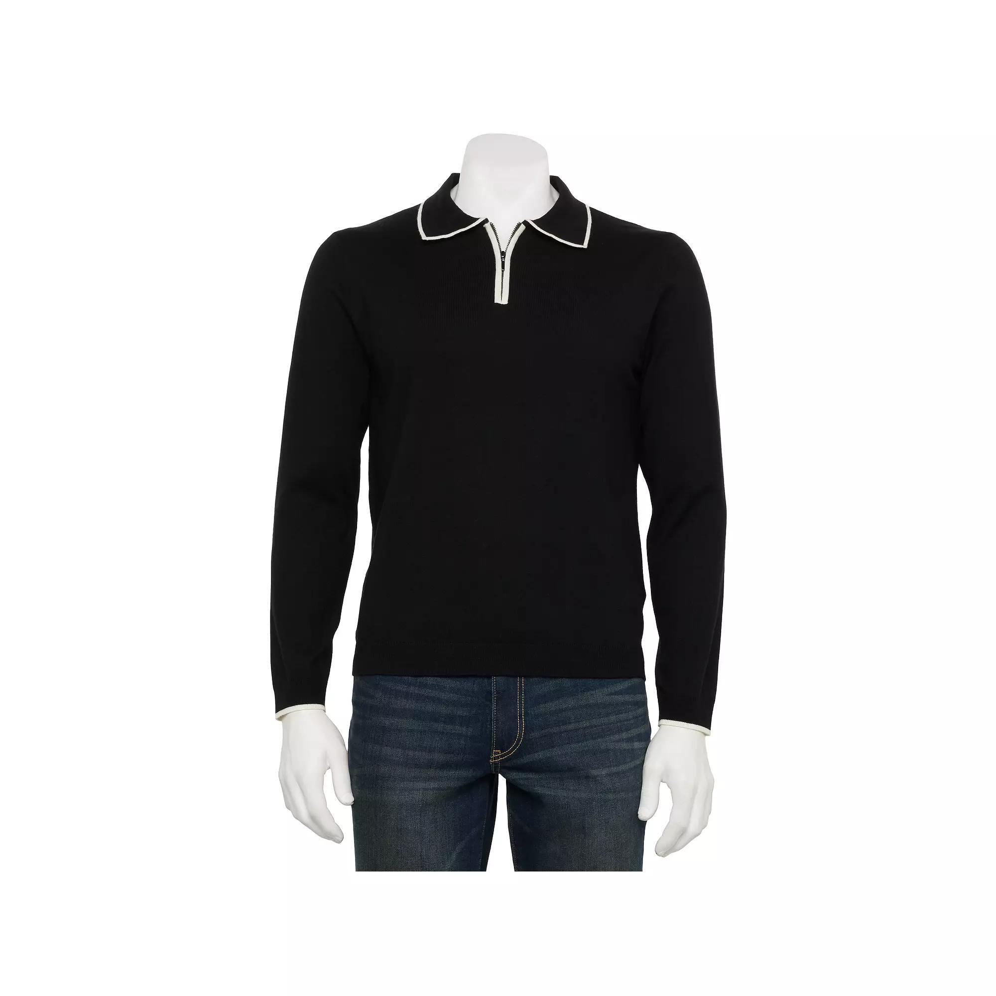 Men's For The Republic Long Sleeve Quarter Zip Contrast Tipped Polo, Size: Small, Black Product Image