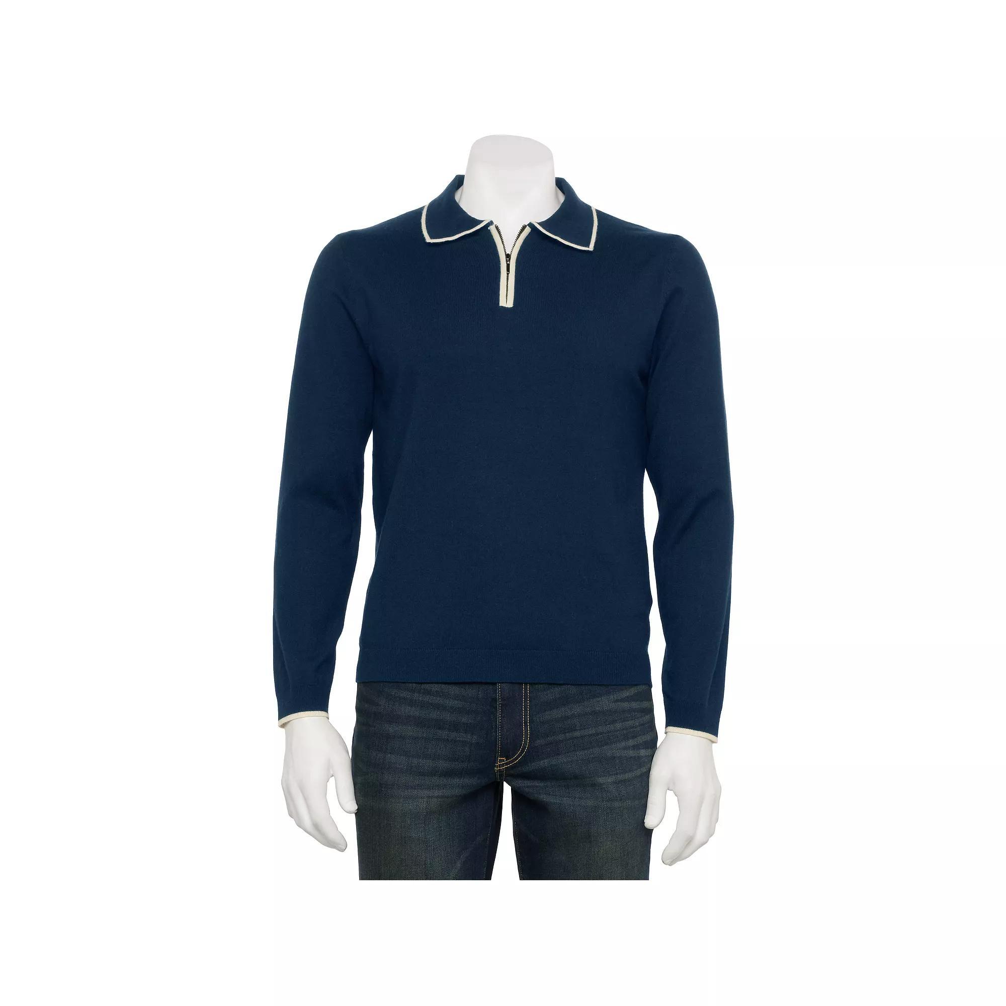 Men's For The Republic Long Sleeve Quarter Zip Contrast Tipped Polo, Size: Small, Black Product Image