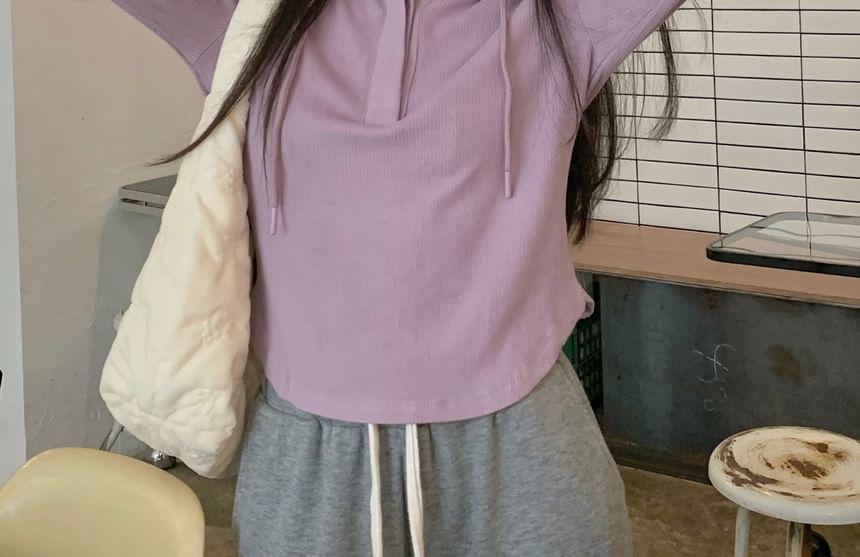 Long Sleeve Henley Plain Hood T-Shirt Product Image