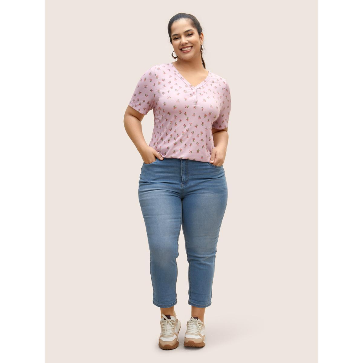 Plus Size Small Flora Print Button Up T-shirt Lilac Women Casual Contrast Natural Flowers Heart neckline Everyday T-shirts BloomChic 28/5X Product Image
