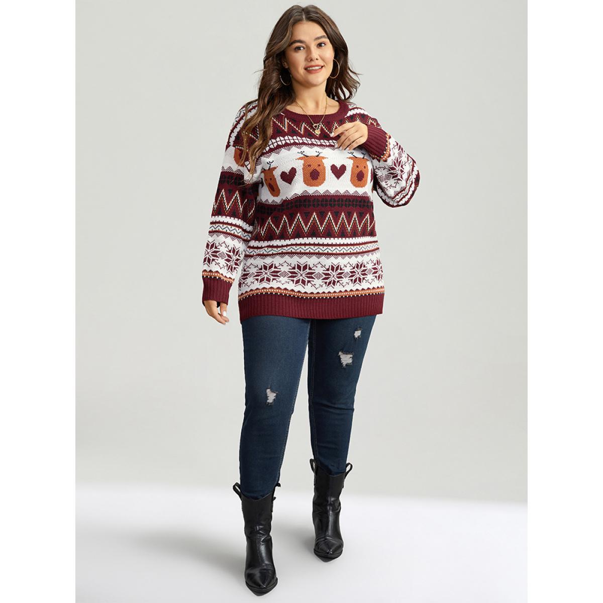 Plus Size Christmas Geometric Round Neck Pullover Scarlet Women Casual Long Sleeve Round Neck Festival-Christmas Pullovers BloomChic 30/6X Product Image