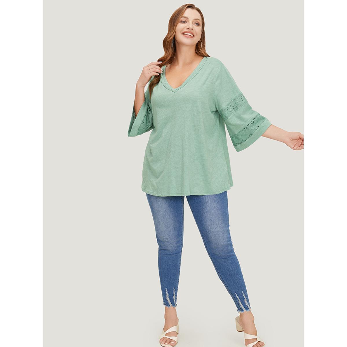 Plus Size Solid Broderie Anglaise Flounce Sleeve T-shirt Mint Women Elegant Broderie anglaise Plain V-neck Dailywear T-shirts BloomChic 12/L Product Image