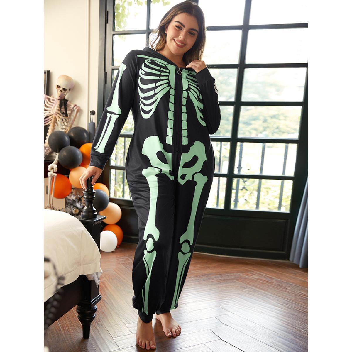 Plus Size Halloween Skull Print Hooded Zipper Sleep Jumpsuit Women Green Casual Graphic-Halloween Printed Hooded Pocket Loungewear BloomChic 10/M Product Image