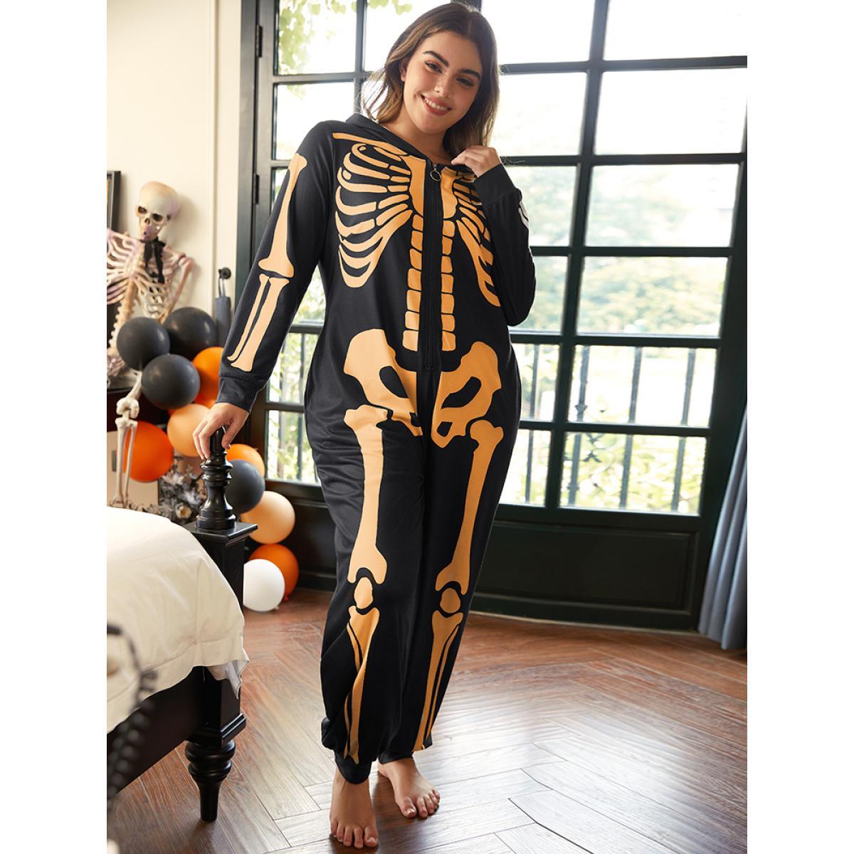 Plus Size Halloween Skull Print Hooded Zipper Sleep Jumpsuit Women Chocolate Casual Graphic-Halloween Printed Hooded Pocket Loungewear BloomChic 26/4X Product Image