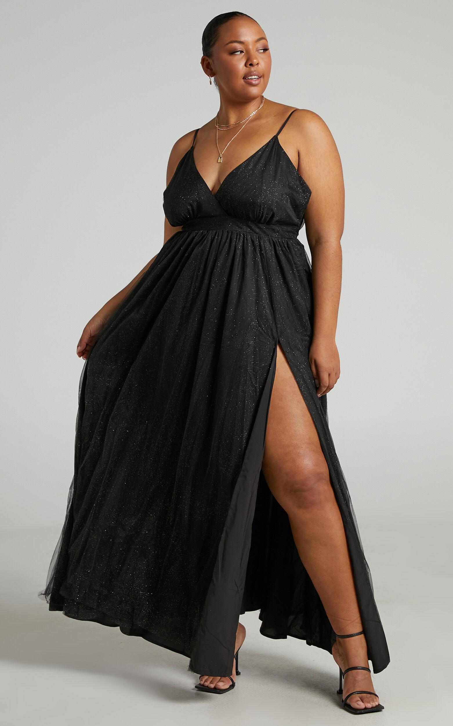 Angelina Midi Dress - Plunge Neck Glitter Neck Dress in Black Product Image