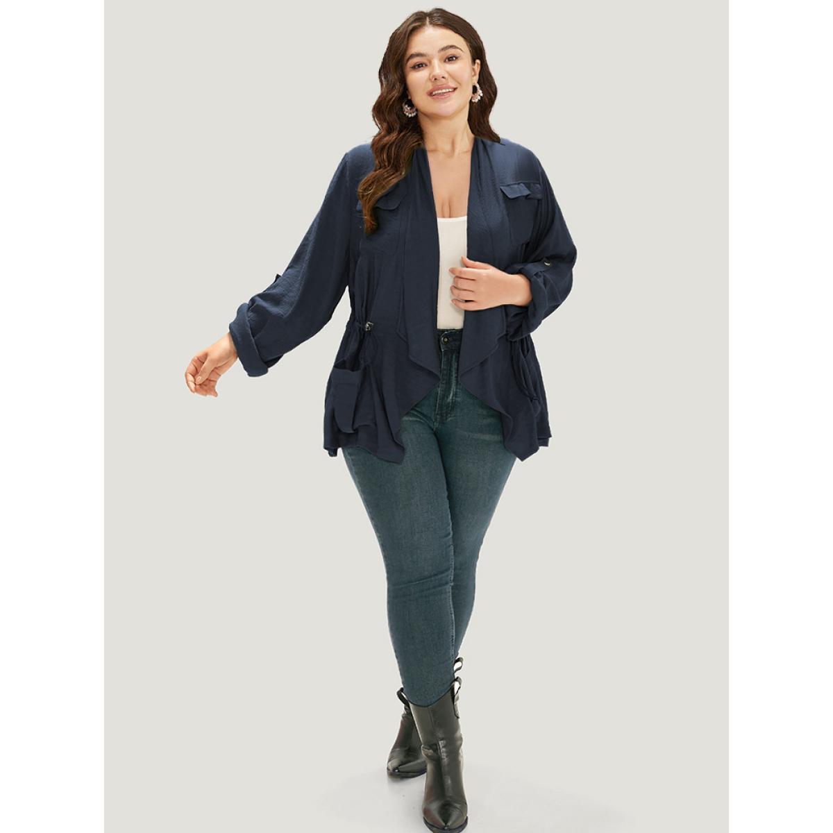 Plus Size Supersoft Essentials Plain Pocket Asymmetrical Drawstring Coat Women Indigo Plain Pocket Dailywear Jackets BloomChic 30/6X Product Image