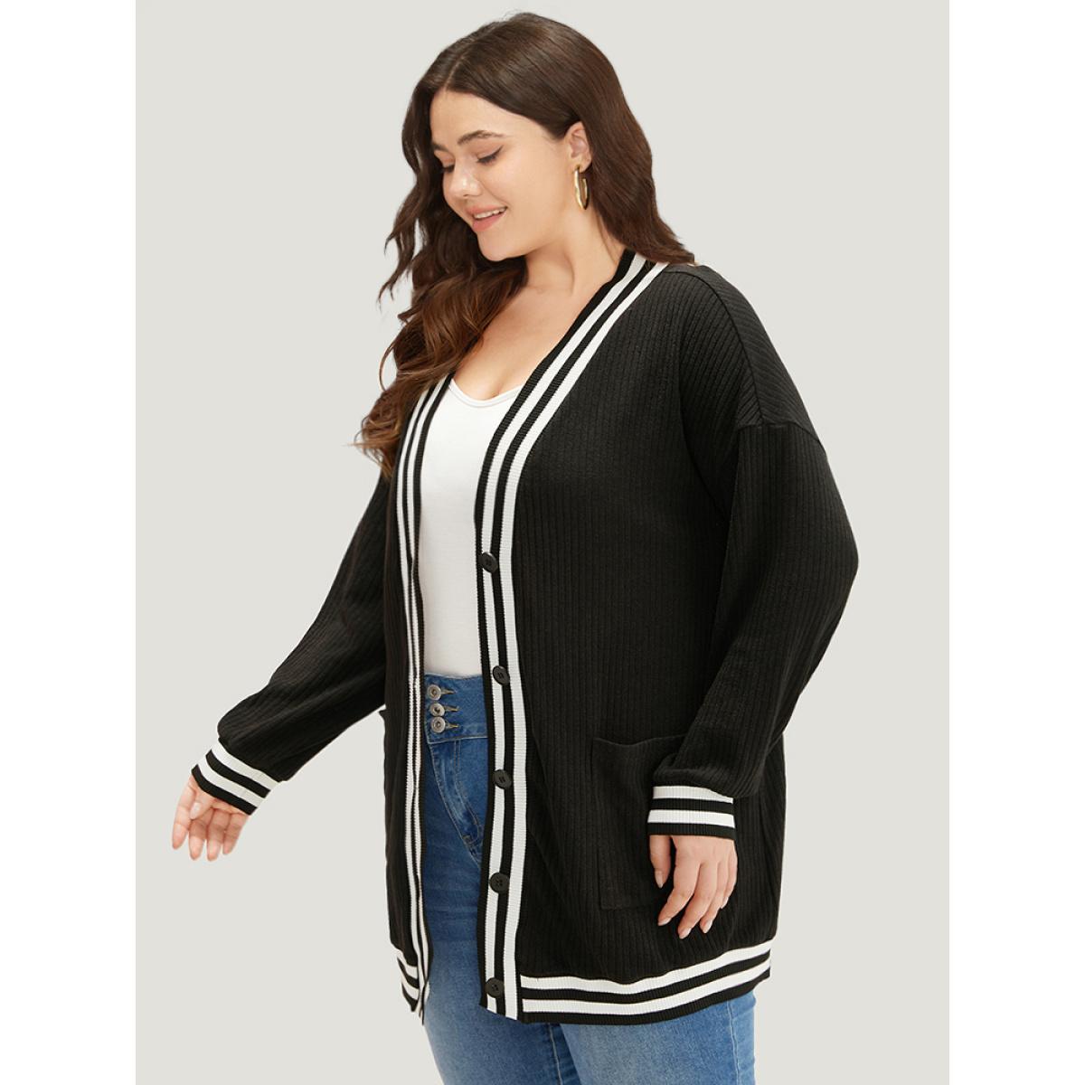 Plus Size Halloween Patchwork Striped Pocket Button Up Rib Knit Coat Women Black Casual Patchwork Ladies Dailywear Winter Coats BloomChic 30/6X Product Image