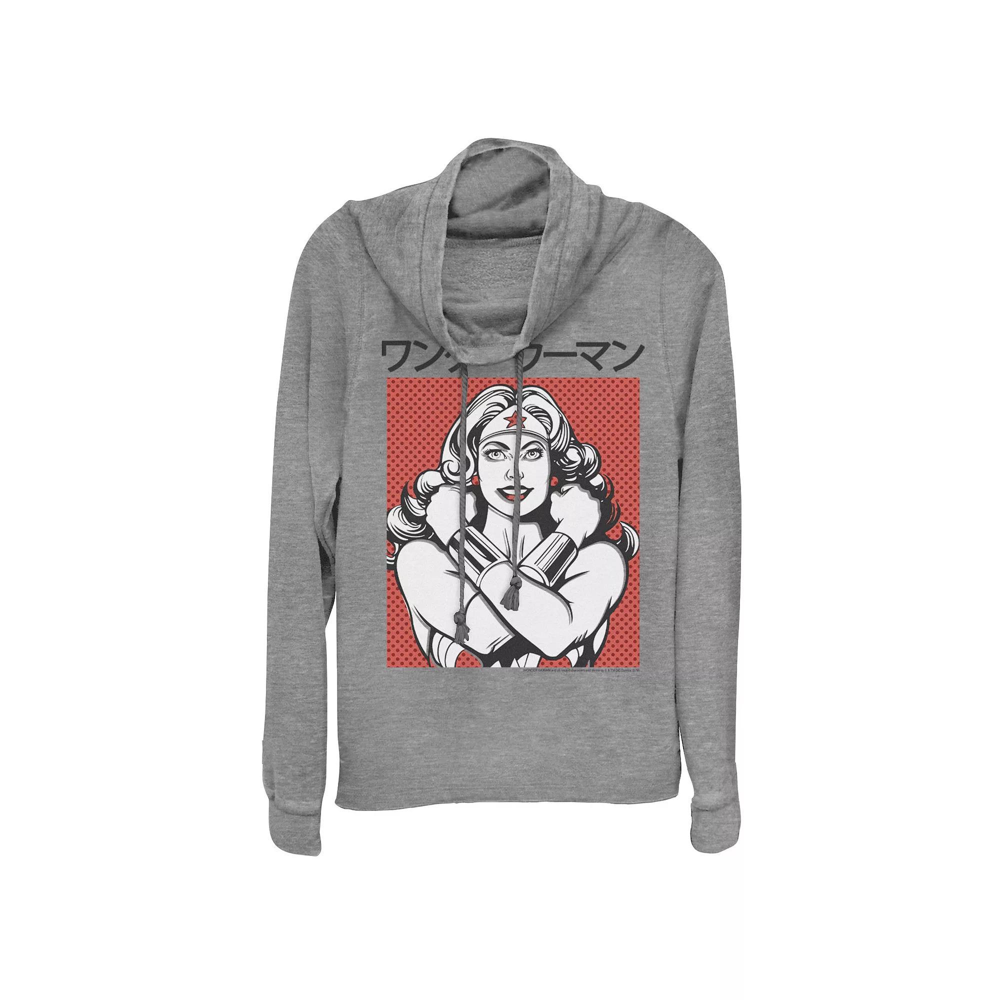Juniors' DC Comics Wonder Woman Dotted Kanji Portrait Cowlneck Graphic Lightweight Long Sleeve, Girl's, Size: XS, Gray Grey Product Image