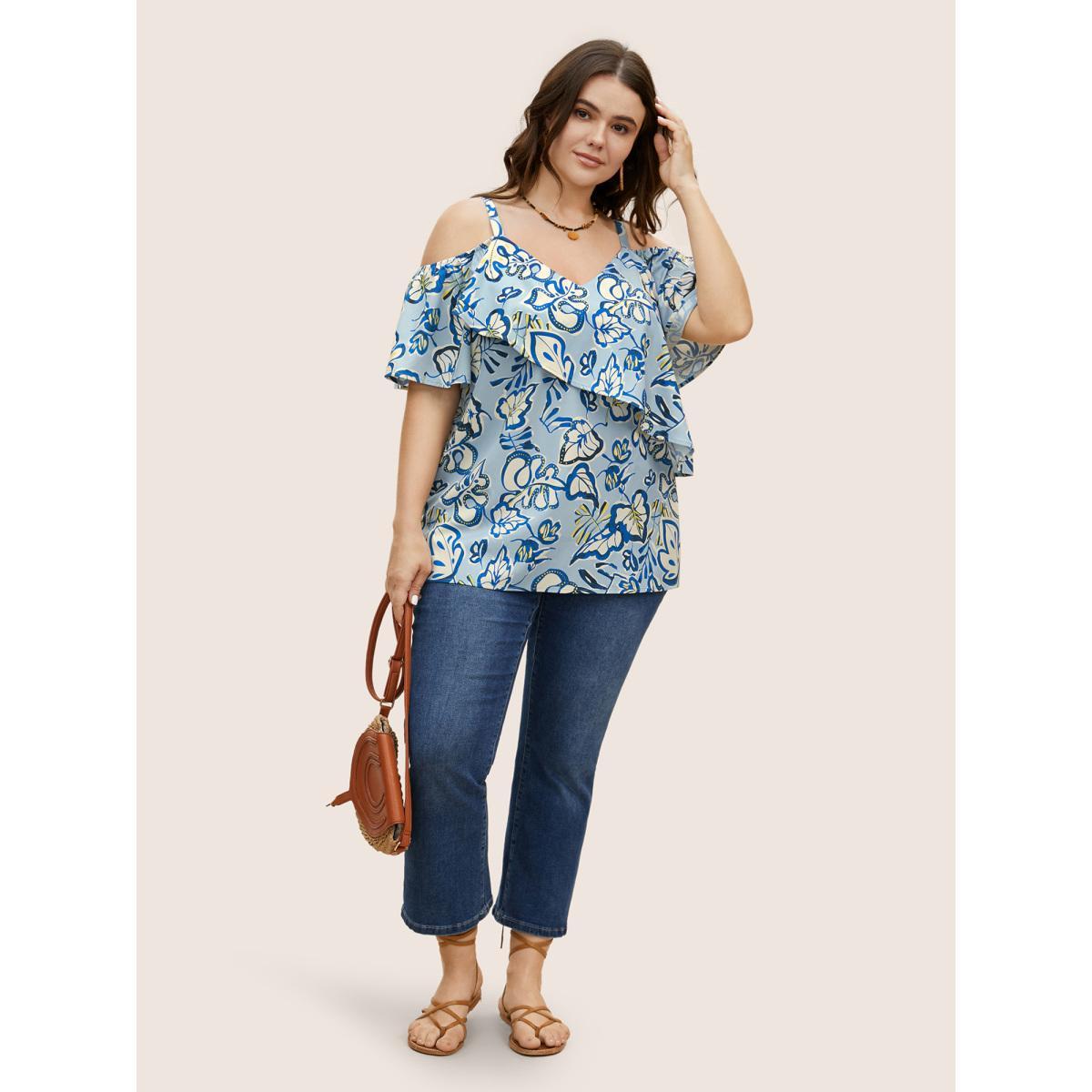 Plus Size LightBlue Floral Ruffle Sleeve Adjustable Straps Blouse Women Resort Short sleeve V-neck Vacation Blouses BloomChic 10/M Product Image