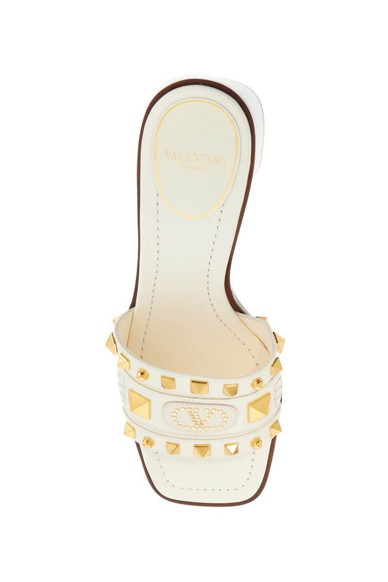 VALENTINO GARAVANI Ivory Leather Slippers With Golden Studs And Low Heel In Beige Product Image