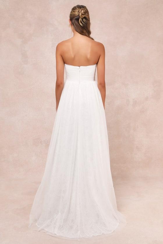 Blissful Forever White Tulle Lace Strapless Pleated Maxi Dress Product Image