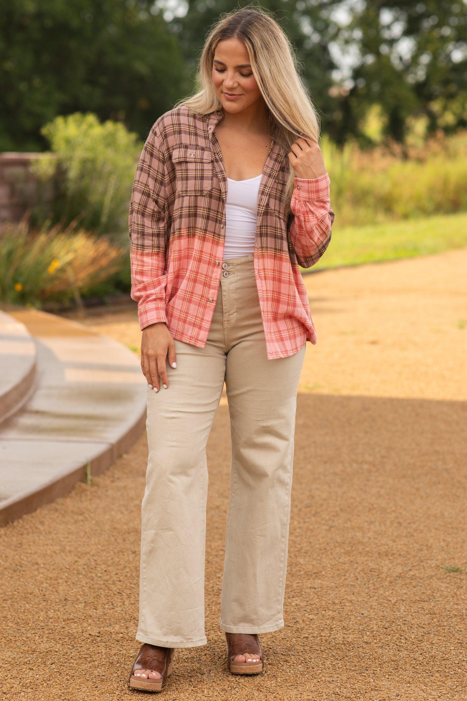 Brown Dip Bleached Plaid Woven Shirt Product Image