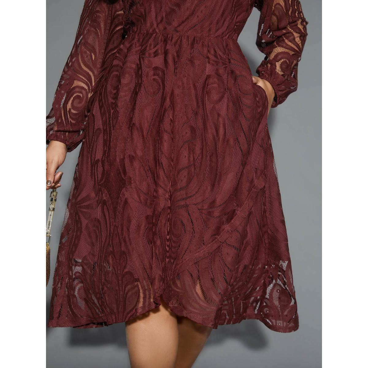 Plus Size Crochet Lace Mesh Lantern Sleeve Dress Burgundy Women Cocktail Overlapping Party Curvy Bloomchic 10/M Product Image