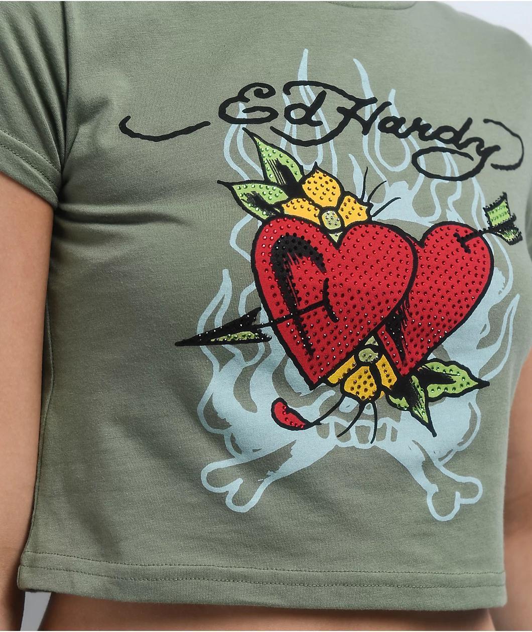Ed Hardy Two Hearts Rhinestone Olive Crop T-Shirt Product Image