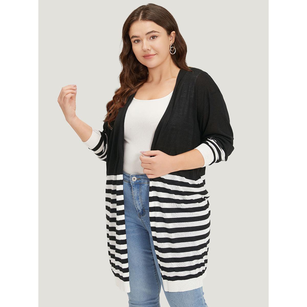 Plus Size Supersoft Essentials Striped Open Front Cardigan Black Women Casual Loose Long Sleeve Dailywear Cardigans BloomChic 22-24/3X Product Image