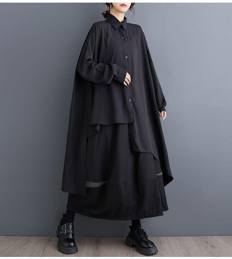 Long-Sleeve Asymmetrical Plain Maxi Shirt Dress Product Image