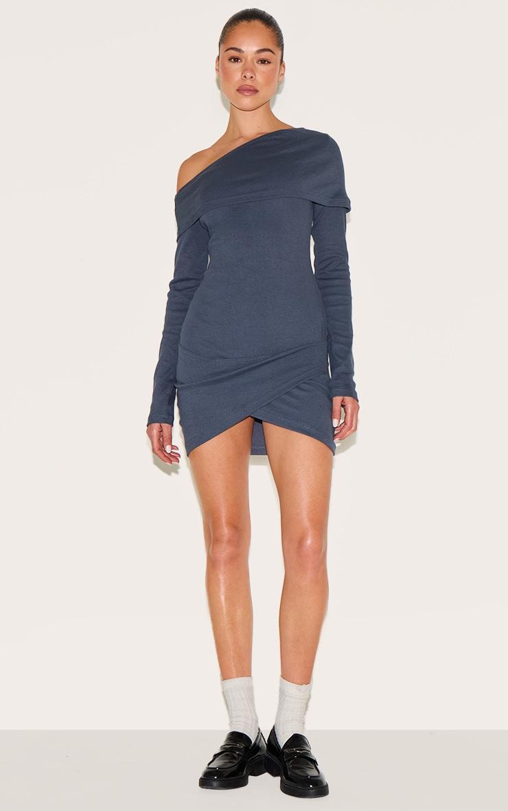 Navy Rib Bardot Wrap Mini Dress Product Image