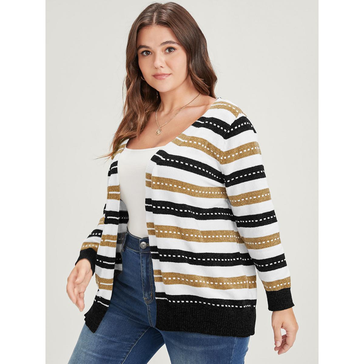 Plus Size Striped Contrast Pointelle Knit Jacquard Open Front Cardigan Multicolor Women Casual Long Sleeve Dailywear Cardigans BloomChic 10/M Product Image