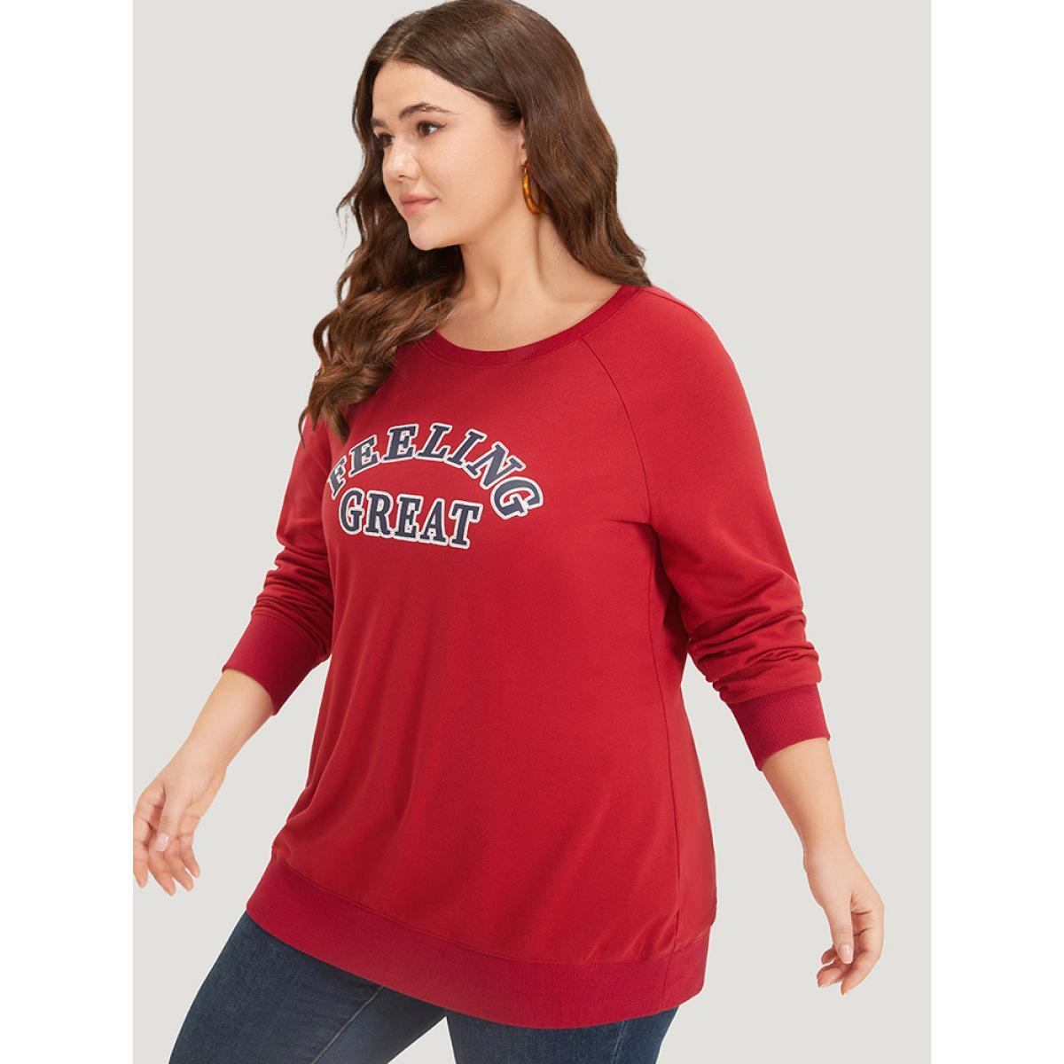Plus Size Letter Print Round Neck Raglan Sleeve Sweatshirt Women Red Casual Elastic cuffs Everyday Sweatshirts BloomChic 26/4X Product Image