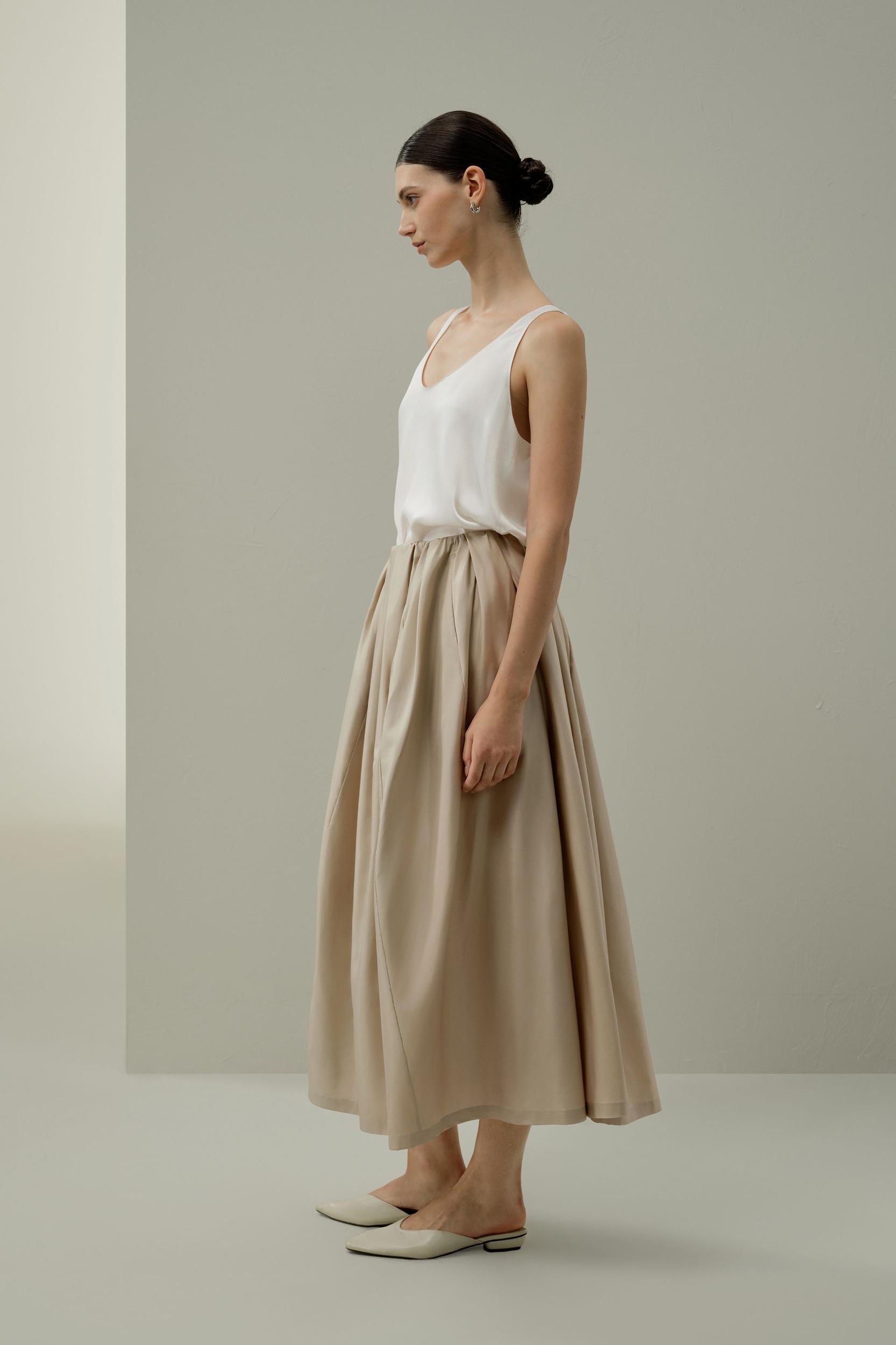 Waist-Pleated Silk Taffeta Skirt Product Image