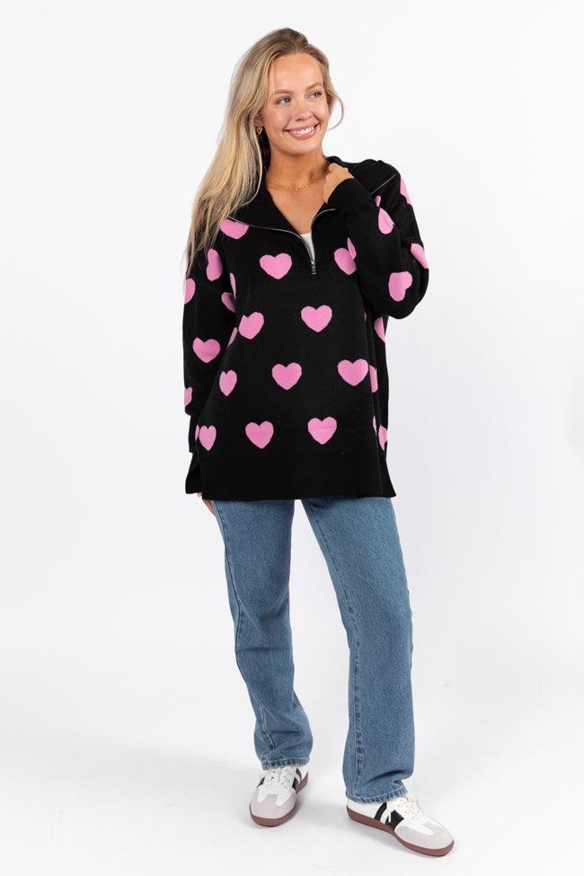 Pulling Heartstrings Black and Pink Heart Print Quarter Zip Pullover FINAL SALE Product Image