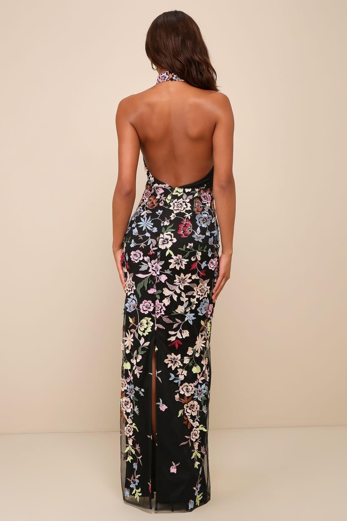 Infinite Praise Black 3D Floral Embroidered Halter Maxi Dress Product Image